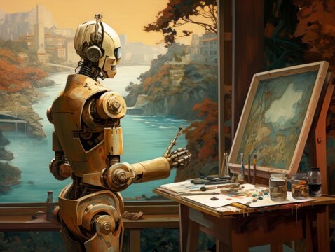 an image of a robot in an artist's studio, in the style of classical academic painting, light gold and teal, cinematic sets, richly detailed genre paintings, intel core, wojciech siudmak, eye-catching