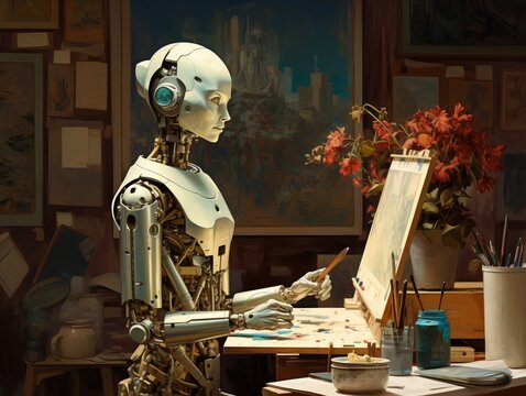 an image of a robot in an artist's studio, in the style of classical academic painting, light gold and teal, cinematic sets, richly detailed genre paintings, intel core, wojciech siudmak