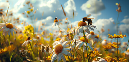 Flying honey bee collecting pollen at daisy flower. Close up of honey bee insect in summer - obrazy, fototapety, plakaty