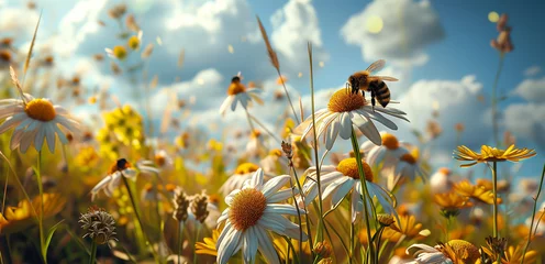 Schilderijen op glas Flying honey bee collecting pollen at daisy flower. Close up of honey bee insect in summer © Maksim