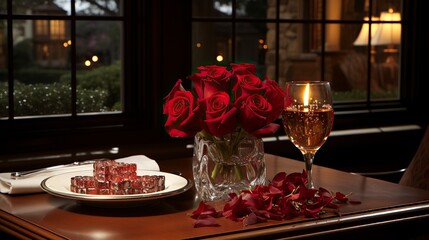 A candlelit dinner table with red roses white tablecloths, valentine’s Day, Valentines Date
