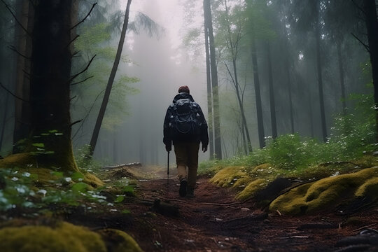 A person hiking in the forest surrounded, Generative AI
