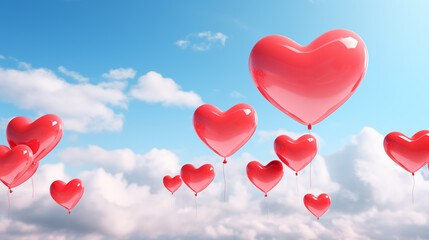 Red heart balloons for Valentine's Day on a blue sky background with copy space.