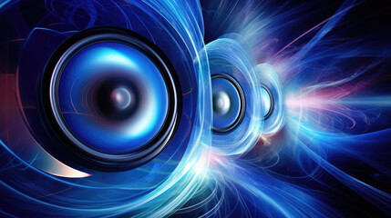 Illustration showing DJ's stereo bass speakers playing loud rave music at high decibels - obrazy, fototapety, plakaty
