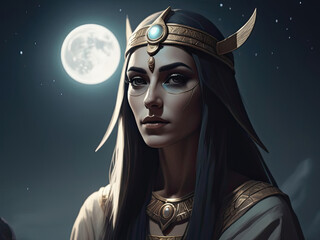 Sumerian Priestess - Close-up headshot portrait of a character invoking ancient incantations under moonlight Gen AI - obrazy, fototapety, plakaty