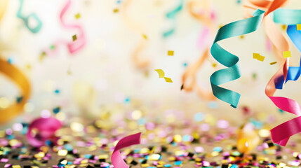 Party celebration background with colorful ribbons and confetti