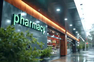 Illuminated pharmacy storefront sign with blurred background on a rainy evening.