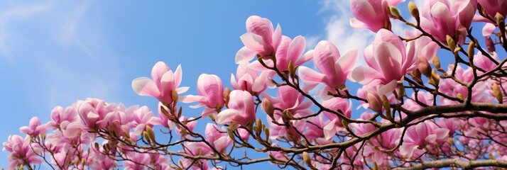 Pink Chinese or saucer magnolia flowers, Magnolia x soulangeana, against a blue sky Cambridge,...