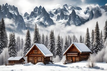 Fototapeta premium snow-covered alpine meadow with a charming wooden cabin, surrounded by frosted trees, against the backdrop of towering snow-capped peaks