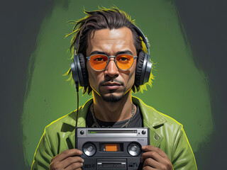 Expressive Rock Band Member - Close-up headshot portrait of a character in grunge attire with a cassette player, featuring expressive gestures and emotions Gen AI