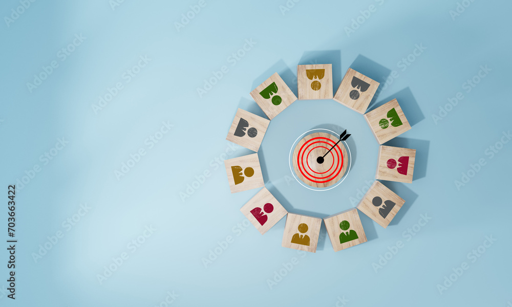 Wall mural red dartboard and black arrow connection linkage with human icon for customer focus target group and