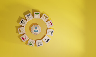 Wooden cube block print screen person icon which link connection network for organisation structure...