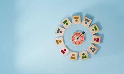 Red dartboard and black arrow connection linkage with human icon for customer focus target group...