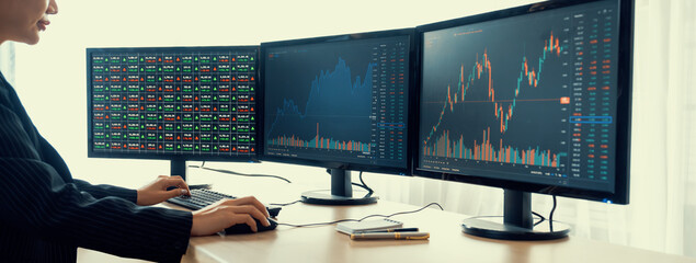 Cropped image of smart businesswoman analysis stock market data report while looking at computer...