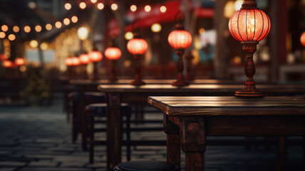 Woodenempty rustic street  tabletop with a blurred background of vibrant red Chinese lanterns,...