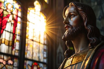 Close-up of a stained glass window featuring Jesus Christ, with sunlight streaming through
