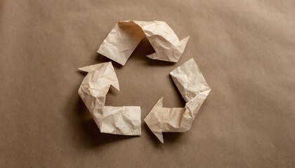 Recycle symbol made of crumpled paper on brown paper background. Eco recycling point.