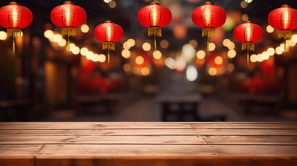 Woodenempty rustic street  tabletop with a blurred background of vibrant red Chinese lanterns,...