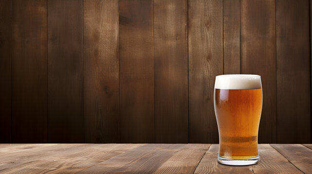 A glass of beer on wooden background with copy space, generative ai