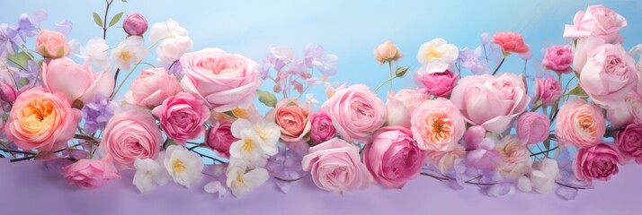 Summer blossoming delicate roses on blooming flowers festive background, pastel and soft bouquet floral card