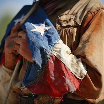 Closeup a texan cowboy clutching the texas flag to his chest. 1800s American Wild West Clothing