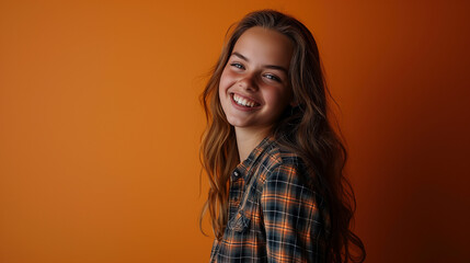 Fototapeta premium Joyful Girl Smiling Against Yellow Backdrop