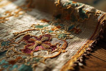 Macro shot of a traditional clerical stole, emphasizing the embroidered symbols and religious meaning. - obrazy, fototapety, plakaty
