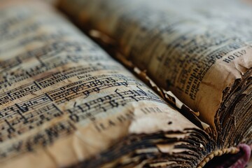 Macro shot of a vintage hymn book page, highlighting the aged paper and traditional hymn lyrics - obrazy, fototapety, plakaty