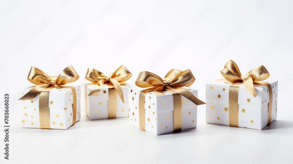 Poster generative ai 5 white gifts wrapped with golden ribbon on a white isolated background