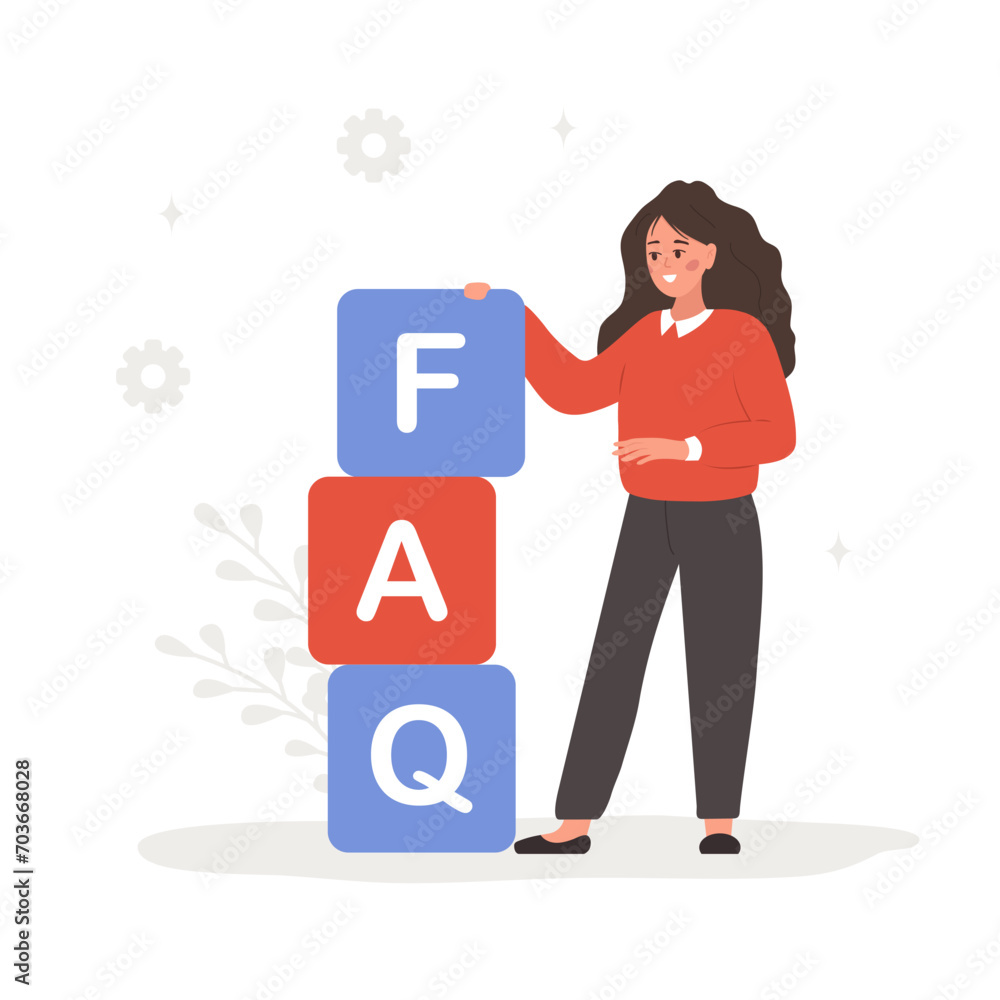 Aufkleber frequently asked questions concept. woman with large cubes with letters faq. customer support and on