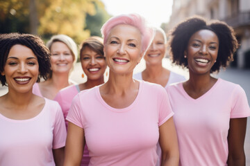 Group portrait of breast cancer awareness advocates wearing pink clothes - obrazy, fototapety, plakaty
