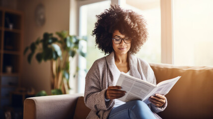 Black afro American woman enjoying a quiet morning routine at home, dressed in casual attire, she sips on a cup of coffee, reads the newspaper before heading to the office - Powered by Adobe