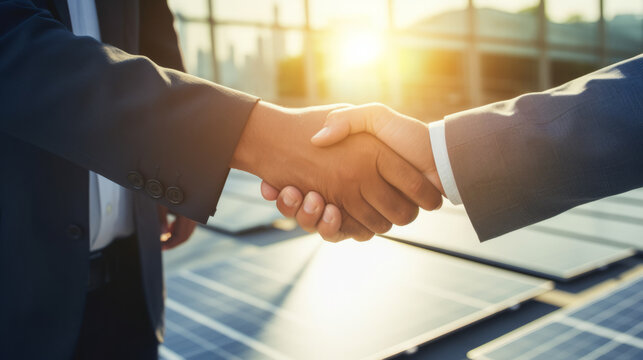 Shaking hands on renewable energy background showing commitment on sustainable energy such as sonar panels concept image