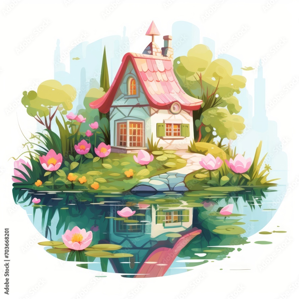Aufkleber generative ai a charming fairytale dwelling showcasing a tiny pond and a blossoming garden.