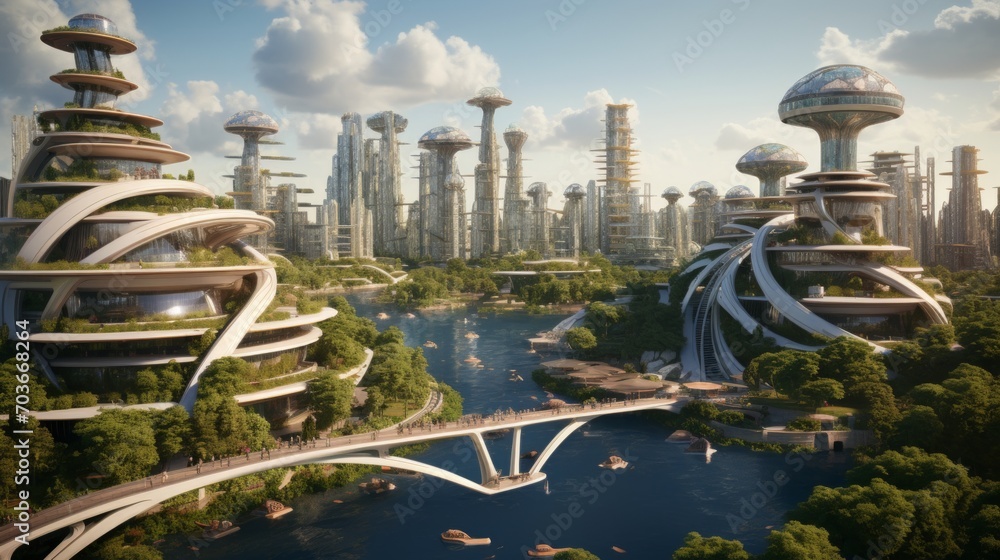 Aufkleber generative ai a city of innovation featuring bio-inspired designs, modular architecture, and floatin