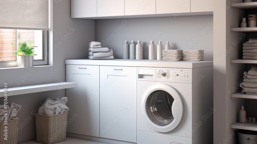 Poster generative ai a clean and uncluttered laundry room displaying a modern washing machine with minimali