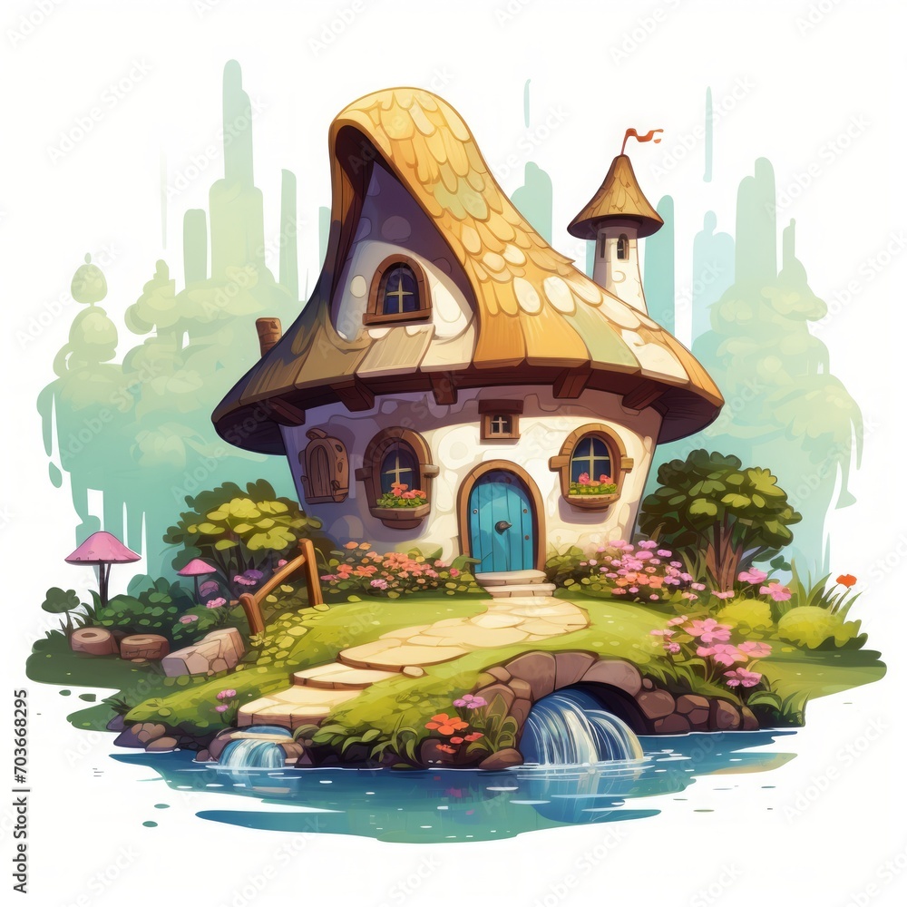 Poster generative ai a cozy fairytale house with a rustic water well and a serene countryside setting.