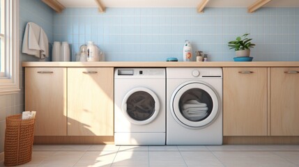 Generative AI A contemporary laundry room with ample cabinet space, a front-loading washer, and dryer set against a tiled backsplash.