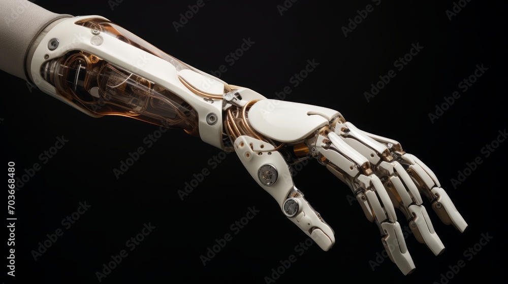 Fototapete Generative AI A high-tech visualization of a bionic limb, featuring cutting-edge materials and innovative mechanisms for improved dexterity and movement.