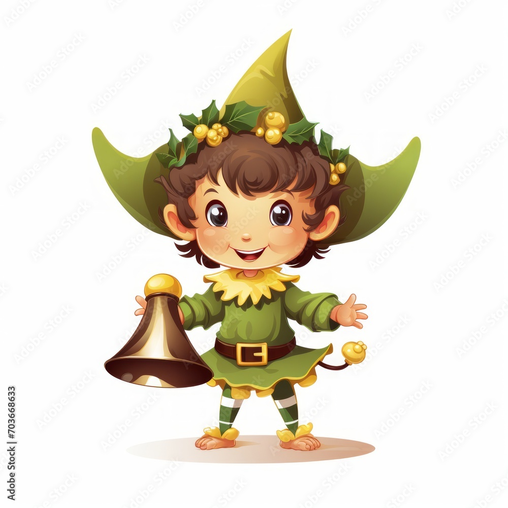 Poster Generative AI A mischievous elf with pointy ears and a jingling bell hat, holding a tiny gift.