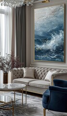 Luxury living room with a painting of waves around a large golden frame, in the style of light silver and dark blue. Ceiling and wall with moldings, velvet sofa