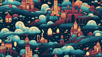 Seamless pattern illustration background featuring surreal floating islands. Whimsical landscapes, floating cities, and fantastical elements come together, creating a dreamy and imaginative pattern - obrazy, fototapety, plakaty