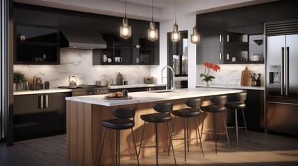 Generative AI A photorealistic portrayal of a contemporary kitchen with high-gloss cabinets, quartz countertops, and ambient lighting.