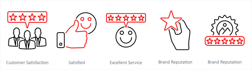 A set of 5 customer service icons as customer satisfaction, satisfied, excellent service