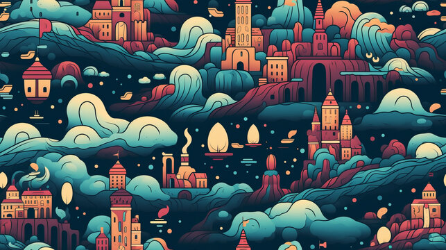Seamless pattern illustration background featuring surreal floating islands. Whimsical landscapes, floating cities, and fantastical elements come together, creating a dreamy and imaginative pattern