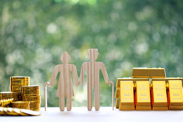 Mutual fund,Love couple senior with gold coin money and gold bar on natural green background, Save...