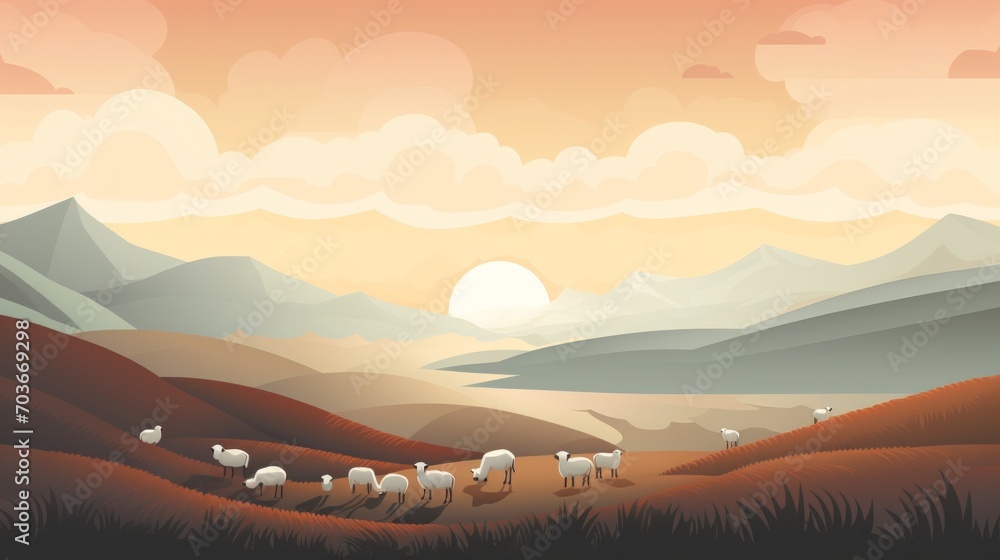 Poster generative ai a serene, fog-covered moorland with grazing sheep.