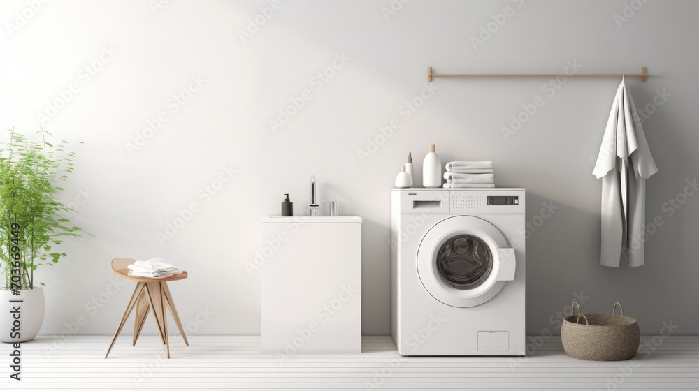 Poster generative ai a serene white room with a wall-mounted washing machine, emphasizing simplicity and fu