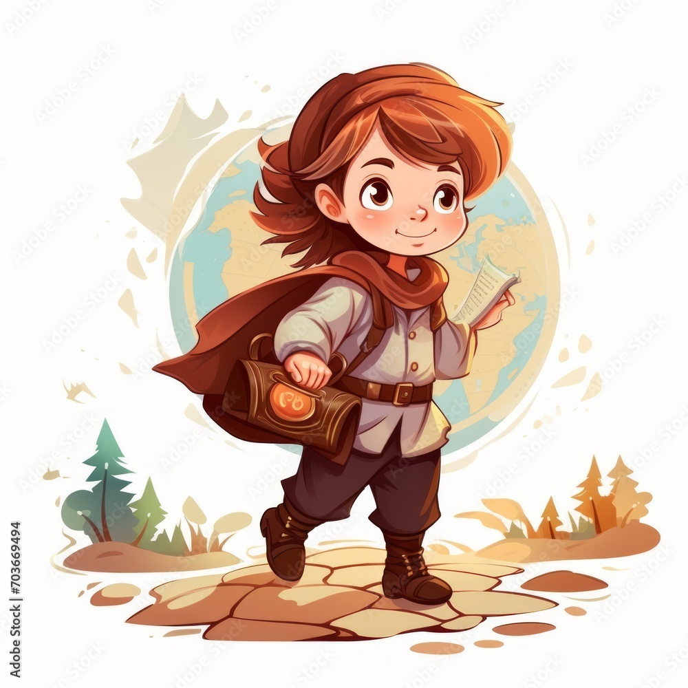 Aufkleber generative ai a small fairy tale adventurer with a map and compass, on a quest for treasures.