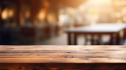 Fototapeta na wymiar empty wood table with blur cafe or coffee shop background